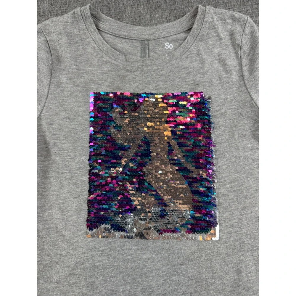 So Unicorn Graphic Tee Kids Size M (8) Gray‎ Reversible Sequin Split Back Hem